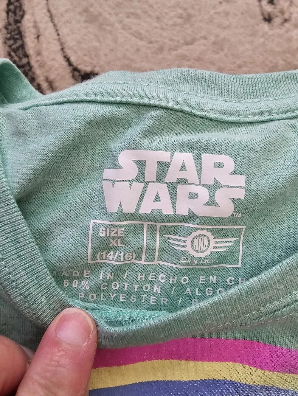 Star Wars Girls' Mint Green Tee with Gold Foil Logo and Rainbow Accent XL